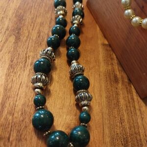 Dark Green & Goldtone Bead Necklace
